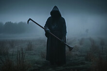 Death In Black Cloak In Hood At Night In Fog In The Field. Generative AI Illustration