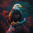 eagle on branch. eagle on branch. Bald Eagle Staredown. colorful. AI generated 