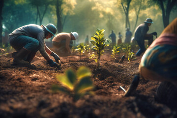 An uplifting image of individuals planting trees in a lush forest, highlighting the importance of sustainable practices and showcasing earthy tones