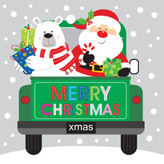 christmas card with santa claus and bear on the truck