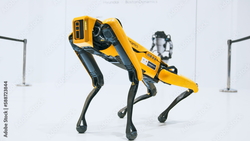 Bangkok, Thailand - Mar 28, 2023: Presentation of Spot, four-legged robot by Hyundai Boston Dynamics in Motor Show exhibition event. Advanced futuristic technology, robotic tech industry expo concept
