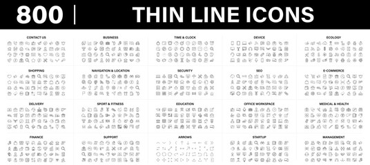 mega collection of 800 thin line web vector icons. contains such icons as contact us, business, time