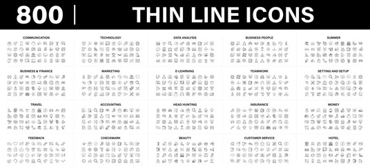 Mega collection of 800 thin line web vector icons. Contains such Icons as Business, Technology, Beauty, Travel, Summer, E-learning, Settings, Insurance, Marketing, Insurance and more. Editable Stroke