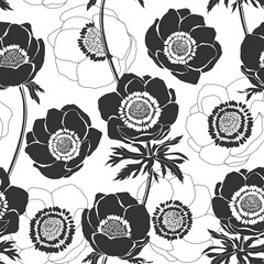 Wall Mural - Seamless vector pattern with anemone flowers. Black and white floral background. Perfect for design templates, wallpaper, wrapping, fabric and textile.