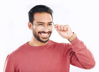 Wall Mural - Glasses, studio and happy man face with a smile from eye care or prescription vision mockup. Isolated, white background or happiness of Asian male model in casual style fashion, frame or lens eyewear