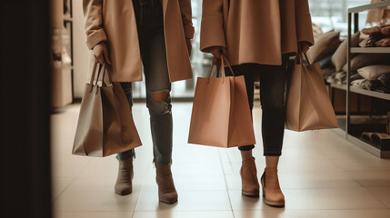 Close-up shot of two young women wearing trendy cloths holding shopping bags while walking in shopping mall. Generative AI.