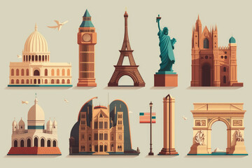 AI generated flat wind landmarks of various countries