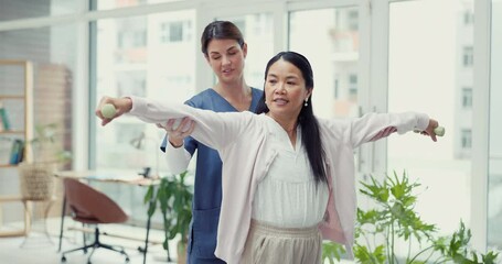 Canvas Print - Woman patient, dumbbell and physiotherapy of nurse for rehabilitation, muscle healing and helping. Healthcare, physiotherapist and stretching exercise with weights, support of osteoporosis and clinic