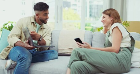 Poster - Laptop, conversation and couple on sofa relax and check social media, internet website and online meme. Dating, apartment and interracial man and woman laughing, happy and bonding on computer at home