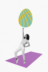 Poster - Postcard greetings of young excited woman dancing have fun playing with april springtime easter colored egg isolated on white background