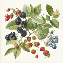 Different Types Of Berries, Botanical Illustration On White Background. Created With Generative AI.	