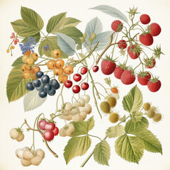 Different types of berries, botanical illustration on white background. Created with Generative AI.	