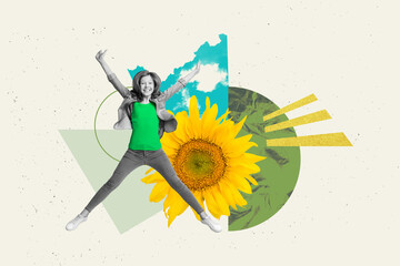 Sticker - Composite collage picture of black white gamma cheerful mini girl jumping raise hands huge sunflower isolated on painted background