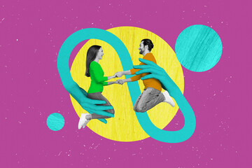 Poster - Collage picture of two mini black white effect people jumping big arms hold connection isolated on drawing violet background