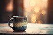 Rustic ceramic coffee cup on a cosy bokeh background. Shallow depth of field. Created with generative AI technology.
