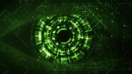 Cyber surveillance animated digital eye design with complex animated circuitry elements in green color scheme on a dark background, great for screen replacement elements
