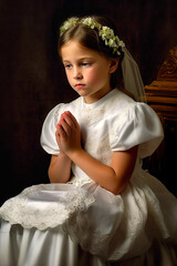 Wall Mural - A praying girl in her first communion outfit. AI generativ.