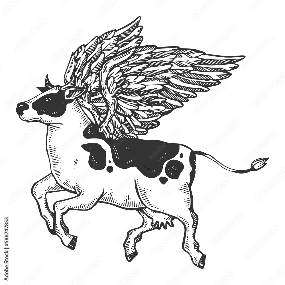 Flying cow farm animal engraving PNG illustration with transparent background