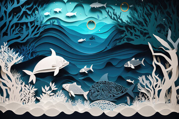 Wall Mural - Paper art blue ocean, generated by AI