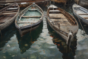 Wall Mural - Close on wooden boats in a harbor  Generative AI