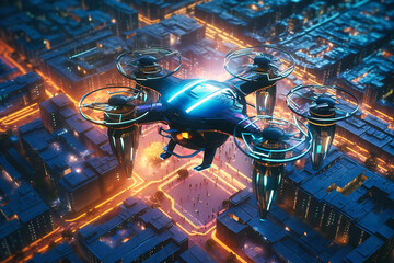 Passengers soar above congested streets in self-piloted drone taxis, enjoying panoramic views of ultramarine skies and shimmering skyscrapers