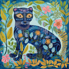 Wall Mural - the blue panther, anatomically correct panther, detailed eyes, light and shadow, curly thin plants and flowers, colorful foliage, botanical, jungle like, intricate, Generative AI