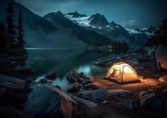 campsite tent by the lake in mountains, generative ai