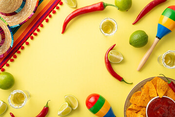 Cinco de Mayo ready! A flat lay featuring a vibrant sombrero, poncho, maracas, tequila shots, lime wedges, chili peppers, nacho chips, and salsa on a sunny yellow background