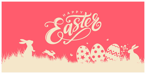 Wall Mural - Happy Easter banner printable, Happy Easter poster printable, Happy Easter social media post, Happy Easter words to print, Easter text vintage calligraphy, vector logo typeface 