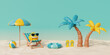 3d Summer tropical sand beach on a sunny day with Beach chair, umbrella, coconut tree and summer elements. 3d rendering.