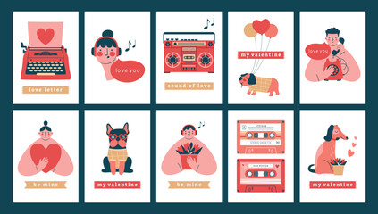 Wall Mural - Collection of Valentine's Day cards with cute kawaii illustrations of woman, man, dog, boombox, typewriter, cassette, telephone, air balloons. Vector characters with text, labels in modern flat style.