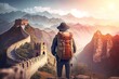 A backpacker with backpack is standing on the Great wall of China, the world heritage famous landmark of India. Travel and journey scene. Generative Ai image.	
