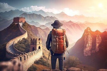 Wall Mural - A backpacker with backpack is standing on the Great wall of China, the world heritage famous landmark of India. Travel and journey scene. Generative Ai image.	
