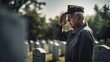 Old American War Veteran Saluting Fallen Comrades' Graves.The concept for American Veterans Day, Memorial Day, and Independence Day. Generative AI.