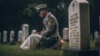 A Military Officer in Full Dress White Uniform Mourns Fallen Comrade in the Rain.The concept for American Veterans Day, Memorial Day, and Independence Day. Generative AI.