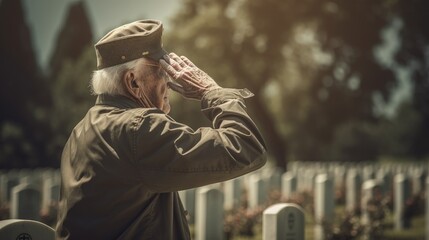 Old American War Veteran Saluting Fallen Comrades' Graves.The concept for American Veterans Day, Memorial Day, and Independence Day. Generative AI.