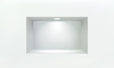 Empty niche or shelf on white wall with led light 3D mockup. Shop, gallery plastic or wooden showcase to present product. Blank retail storage space. Interior design furniture. Living room bookshelf