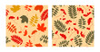 Set of patterns of colorful trendy autumn leaves and berries. Vector illustrations for web, app and print. Elegant shapes floristic isolated rowan leaves. Forest, botanical, minimalistic floral