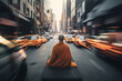 enlightenment concept with Buddhist monk meditating on busy street, Generative AI illustration