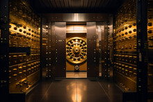 Bank Vault Door. Safe Deposit Boxes Room In Bank Vault. Inside In Bank Vault Room With Dollars And Euro Money. Store Gold In Storage. Federal Reserve Bank, Ai Generative Illustration.