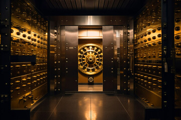bank vault door. safe deposit boxes room in bank vault. inside in bank vault room with dollars and e