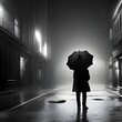 Mężczyzna idący w deszczowy wieczór ulicą. Wygenerowane przez AI.