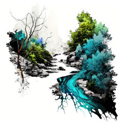 Wall Mural - Blue river and plant painting, AI generated.