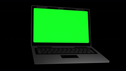 Wall Mural - notebook with placeholder greenscreen opens isolated on black background. 3d render animation