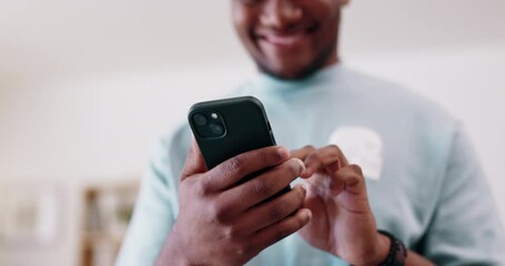 Phone, typing and hands of man in home excited for online games, internet connection and browse social media. Communication, network and happy male on smartphone for mobile app, texting and message