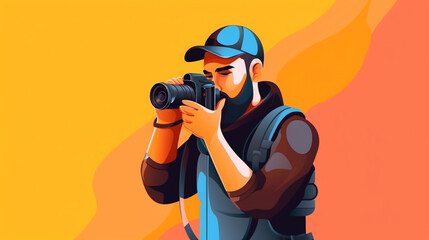 illustration of a bearded photographer in a cap looking through a camera viewfinder