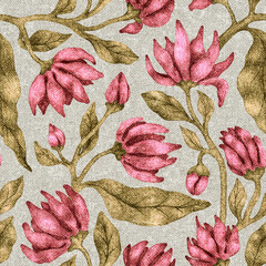 Vintage floral pattern. Bohemian ornament for textiles. Grunge texture with fabric imitation.