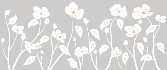 Wall Mural - Luxury wild, wildflowers, vector art background. Natural botanical elegant white flowers, daisies with leaves and branches. Designer illustration for decoration, wall decor, wallpaper, cover, banner, 