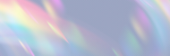 Wall Mural - Rainbow colorful light prism effect, transparent background. Hologram reflection, crystal flare leak shadow overlay. Vector illustration of abstract blurred iridescent light backdrop.