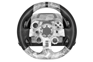 Poster - Realistic leather steering wheel with black marble texture on white background